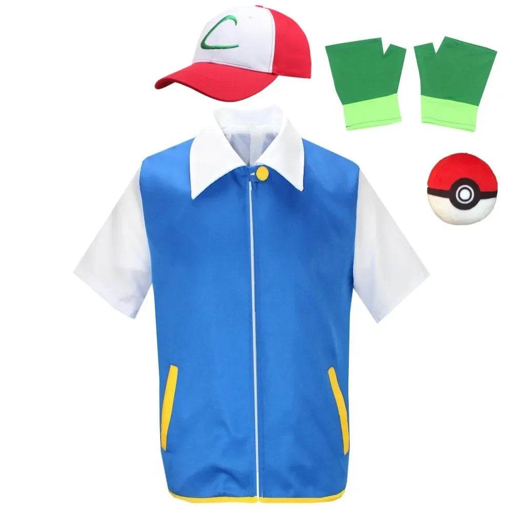 Cosplay Anime Ash Ketchum Clothes Men Blue Jacket Costume Boys Girls Cosplay for Party Trainer Pokemon Cap Gloves Set - ToylandEU