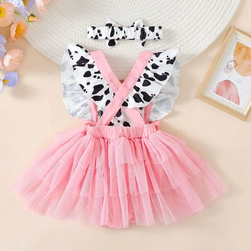 Cow Print Summer Baby Girls Romper With Tulle Patchwork Headband - ToylandEU