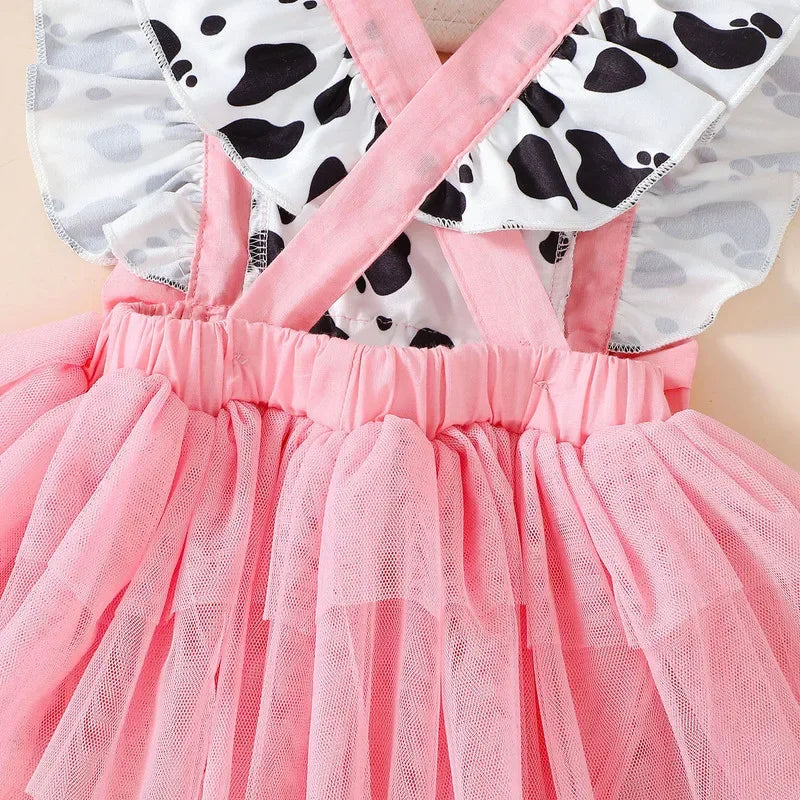 Cow Print Summer Baby Girls Romper With Tulle Patchwork Headband - ToylandEU