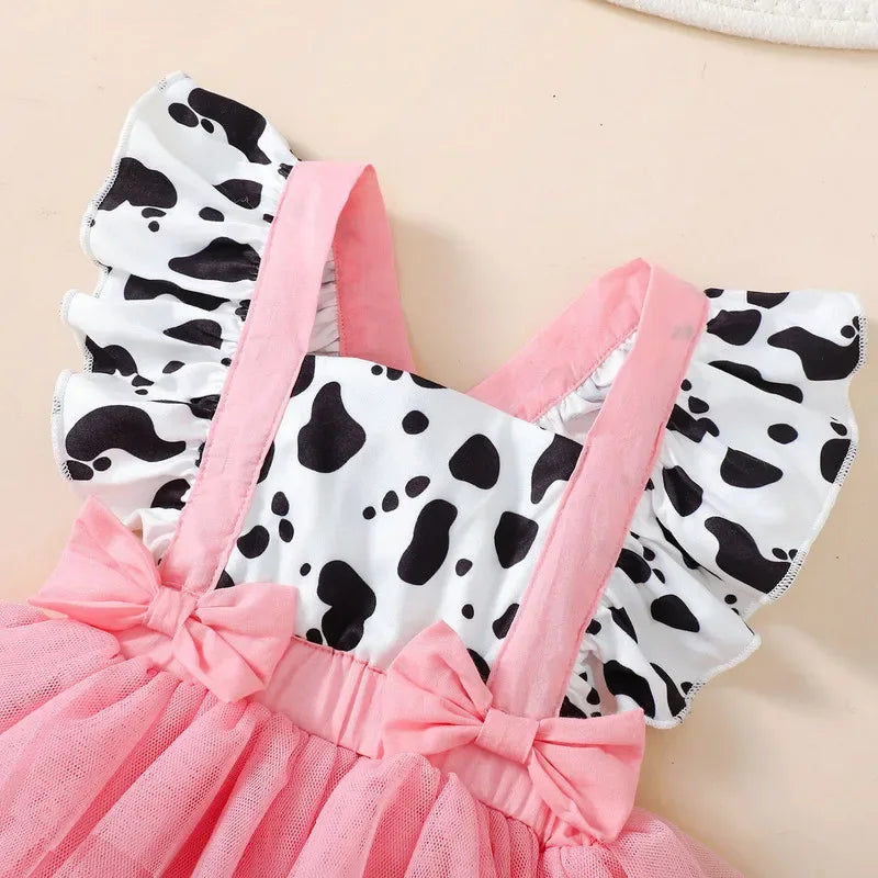 Cow Print Summer Baby Girls Romper With Tulle Patchwork Headband - ToylandEU