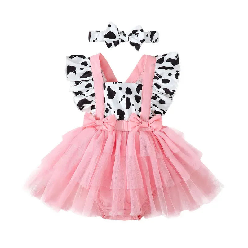 Cow Print Summer Baby Girls Romper With Tulle Patchwork Headband - ToylandEU