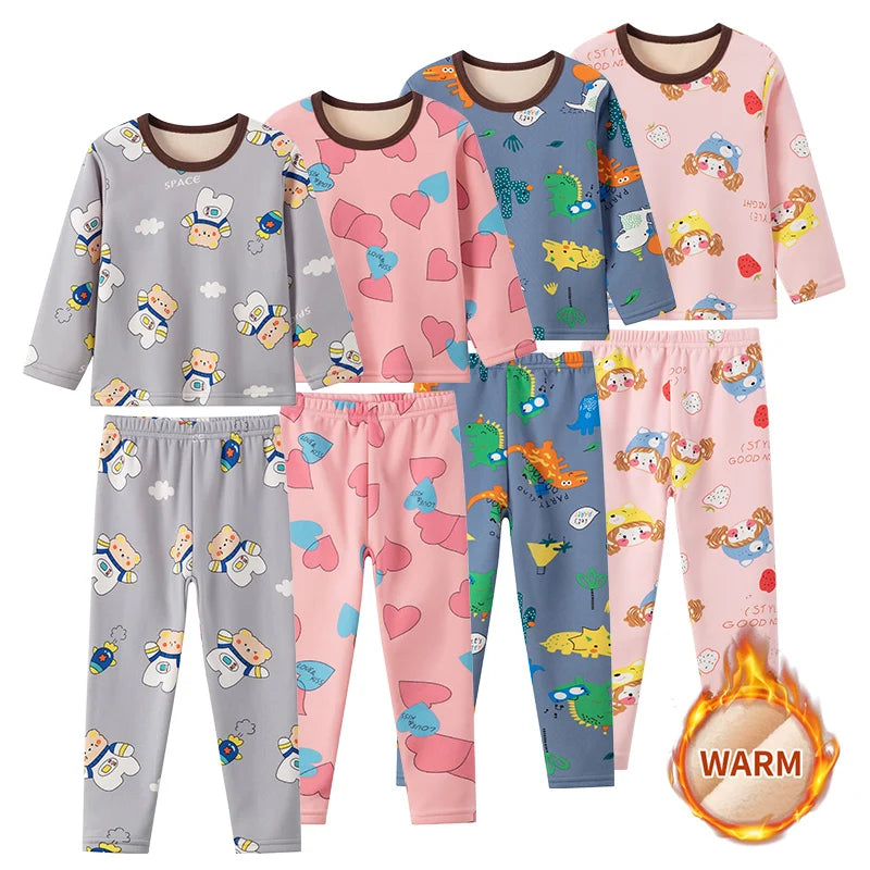 Cozy 2 Piece Kids Pajama Set Velvet Lined With Cute Printed Pattern Unisex For Winter Home Wear - ToylandEU