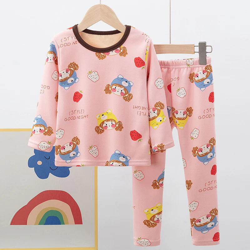 Cozy 2 Piece Kids Pajama Set Velvet Lined With Cute Printed Pattern Unisex For Winter Home Wear - ToylandEU