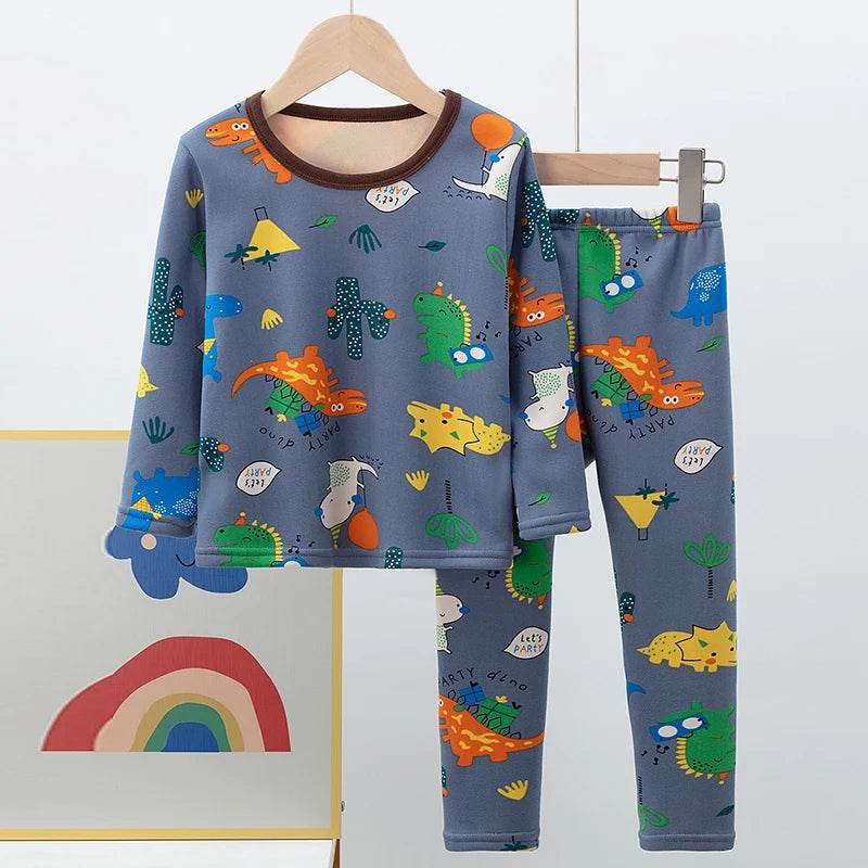 Cozy 2 Piece Kids Pajama Set Velvet Lined With Cute Printed Pattern Unisex For Winter Home Wear - ToylandEU