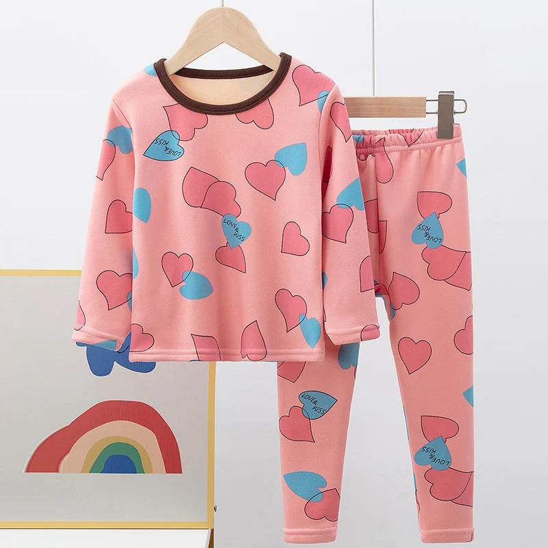 Cozy 2 Piece Kids Pajama Set Velvet Lined With Cute Printed Pattern Unisex For Winter Home Wear - ToylandEU