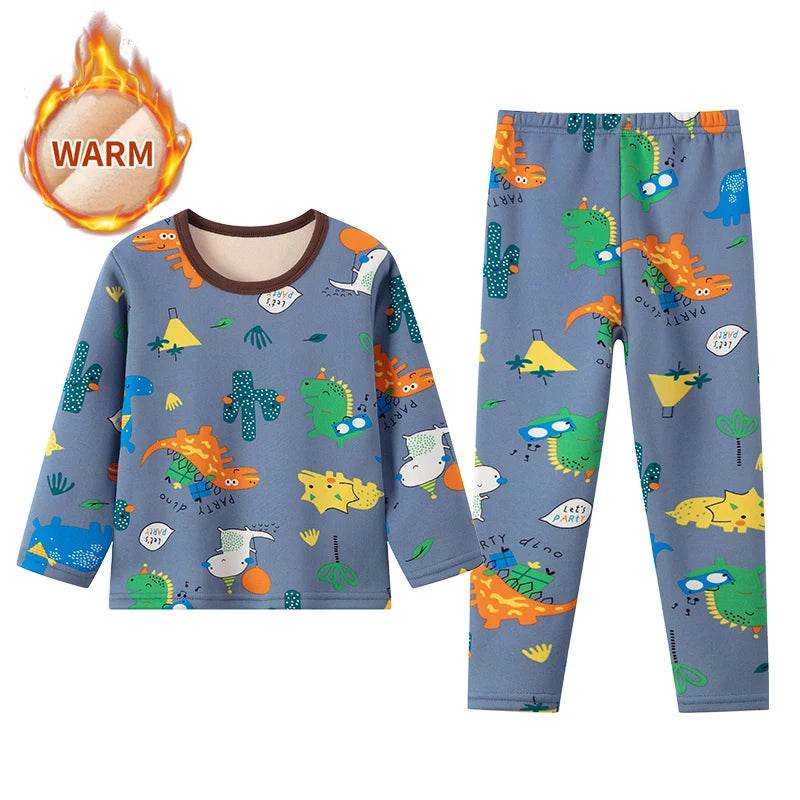 Cozy 2 Piece Kids Pajama Set Velvet Lined With Cute Printed Pattern Unisex For Winter Home Wear - ToylandEU