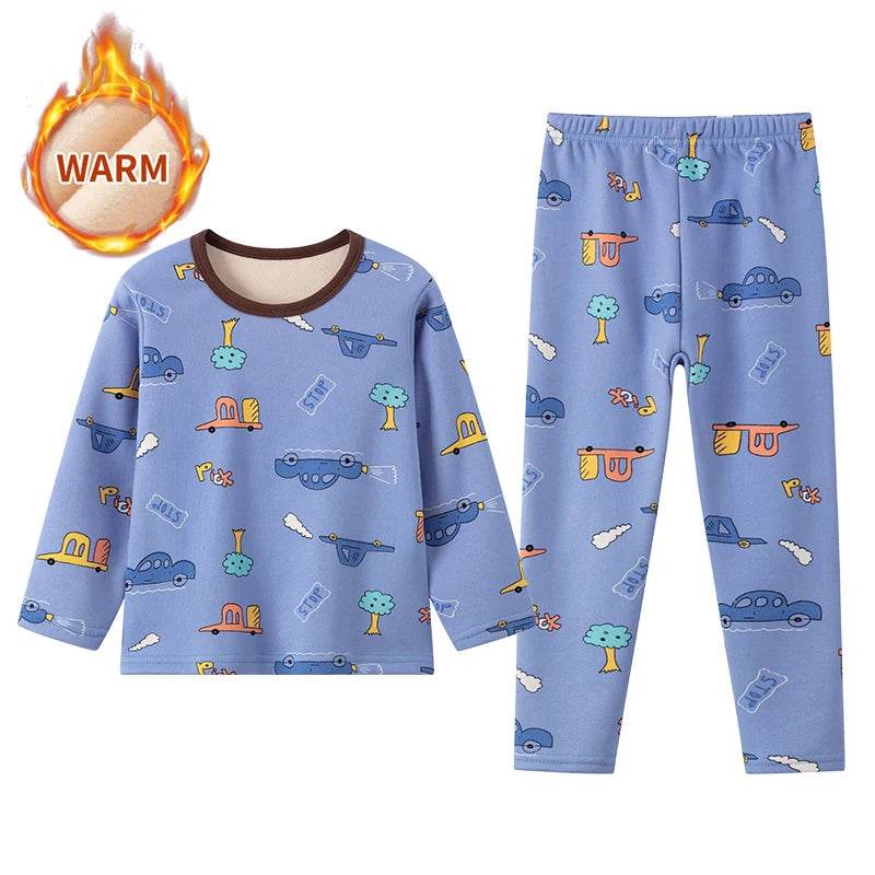 Cozy 2 Piece Kids Pajama Set Velvet Lined With Cute Printed Pattern Unisex For Winter Home Wear - ToylandEU