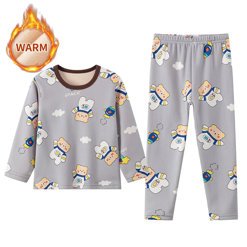 Cozy 2 Piece Kids Pajama Set Velvet Lined With Cute Printed Pattern Unisex For Winter Home Wear - ToylandEU