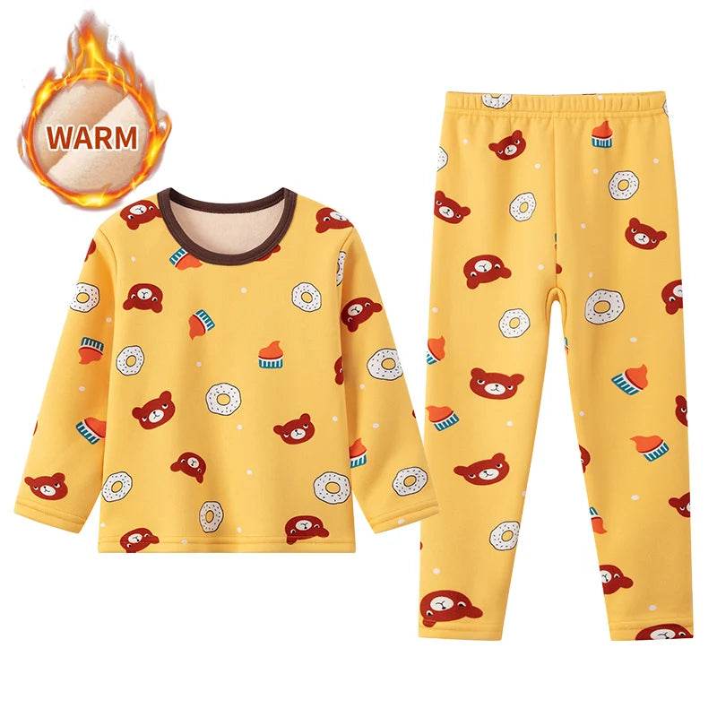 Cozy 2 Piece Kids Pajama Set Velvet Lined With Cute Printed Pattern Unisex For Winter Home Wear - ToylandEU
