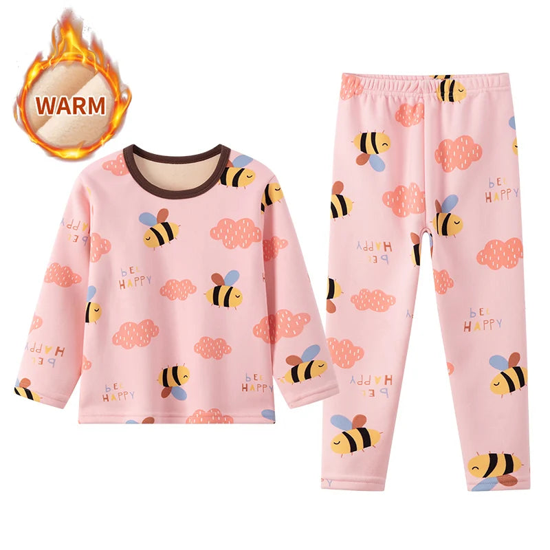 Cozy 2 Piece Kids Pajama Set Velvet Lined With Cute Printed Pattern Unisex For Winter Home Wear - ToylandEU