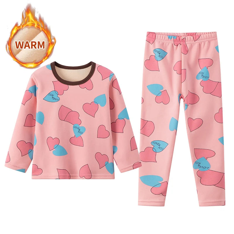 Cozy 2 Piece Kids Pajama Set Velvet Lined With Cute Printed Pattern Unisex For Winter Home Wear - ToylandEU