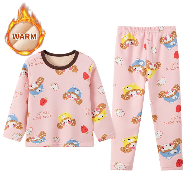 Cozy 2 Piece Kids Pajama Set Velvet Lined With Cute Printed Pattern Unisex For Winter Home Wear - ToylandEU