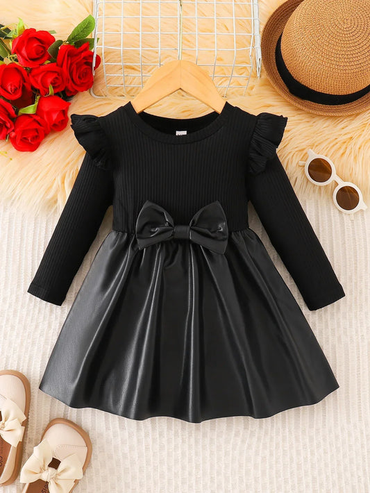 Cozy Baby Girls Dress With Bow And Leather Patchwork - ToylandEU