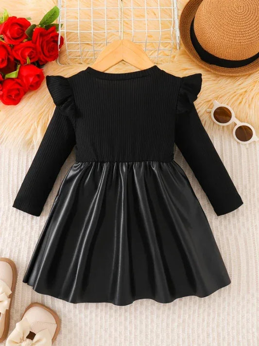 Cozy Baby Girls Dress With Bow And Leather Patchwork - ToylandEU