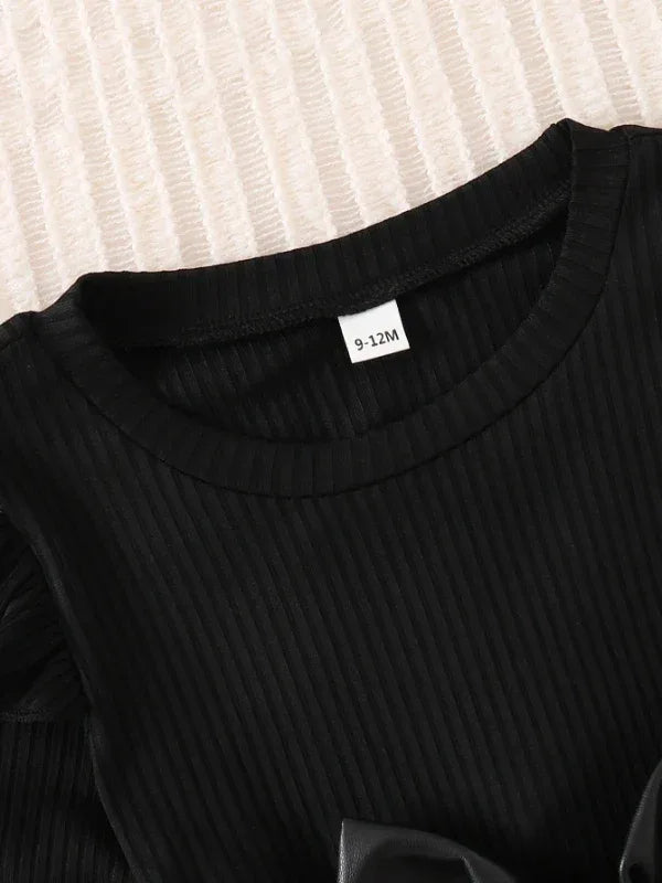 Cozy Baby Girls Dress With Bow And Leather Patchwork - ToylandEU