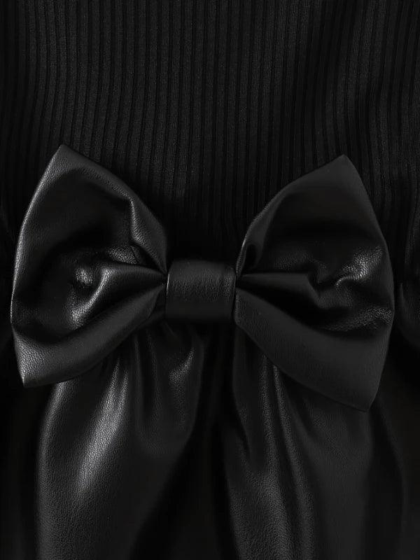 Cozy Baby Girls Dress With Bow And Leather Patchwork - ToylandEU