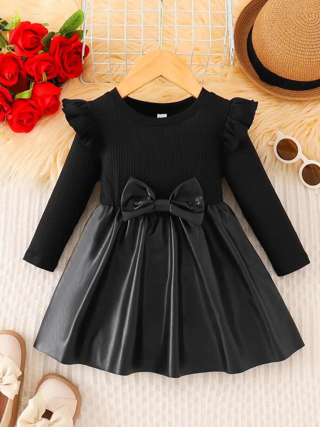 Cozy Baby Girls Dress With Bow And Leather Patchwork - ToylandEU