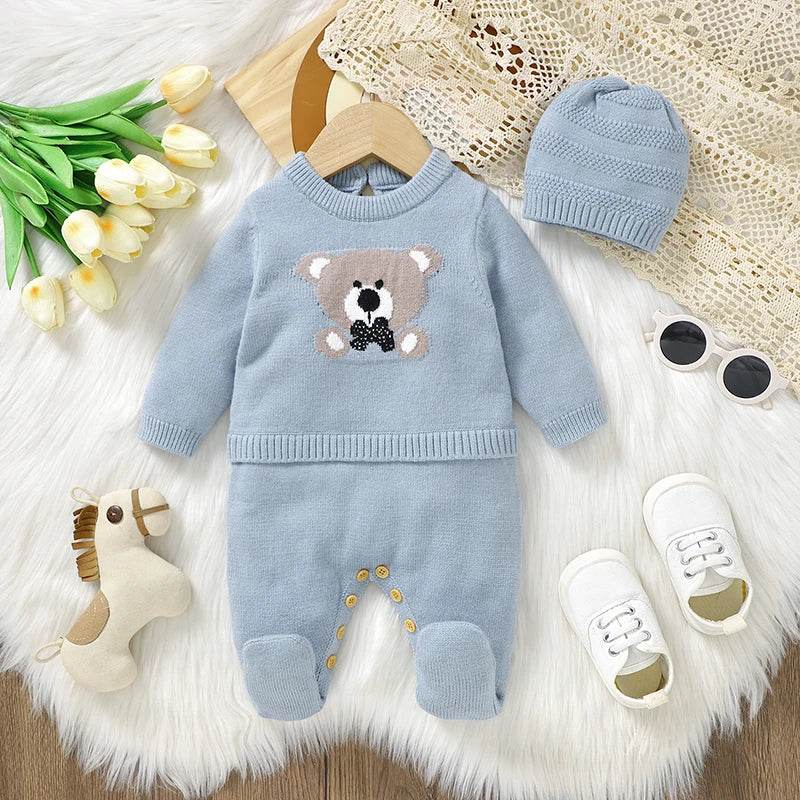 Cozy Blue Rompers And Hats Set Cartoon Pattern For Infants Zero To Eighteen Months - ToylandEU