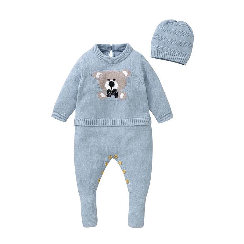 Cozy Blue Rompers And Hats Set Cartoon Pattern For Infants Zero To Eighteen Months - ToylandEU