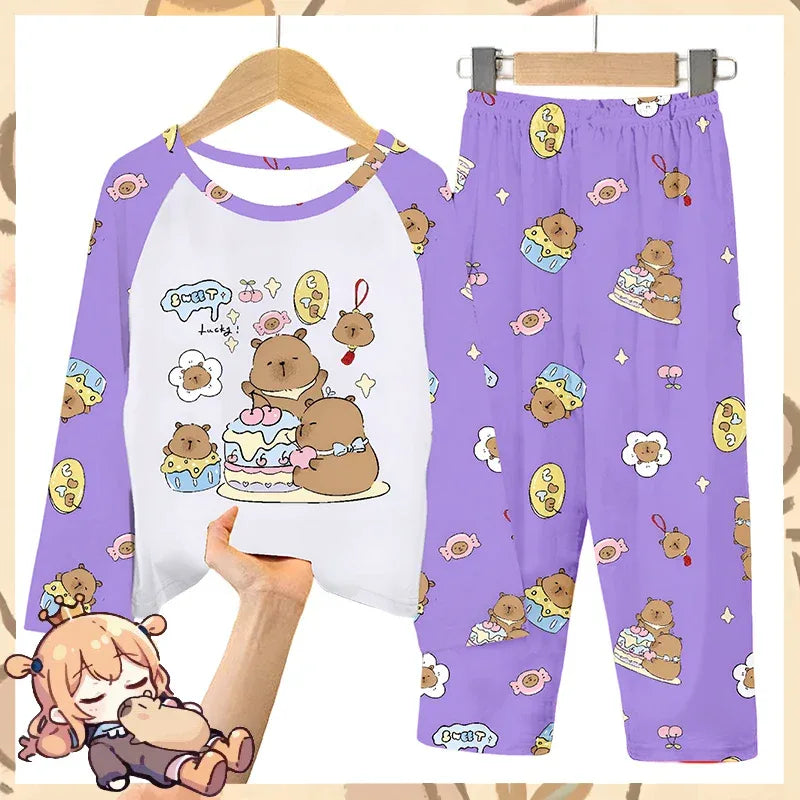 Cozy Capybara Printed Kids Pajama Set With Soft Long Sleeve Top And Pants - ToylandEU