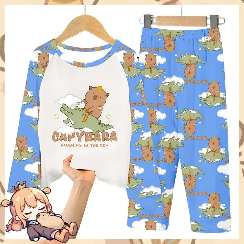 Cozy Capybara Printed Kids Pajama Set With Soft Long Sleeve Top And Pants - ToylandEU