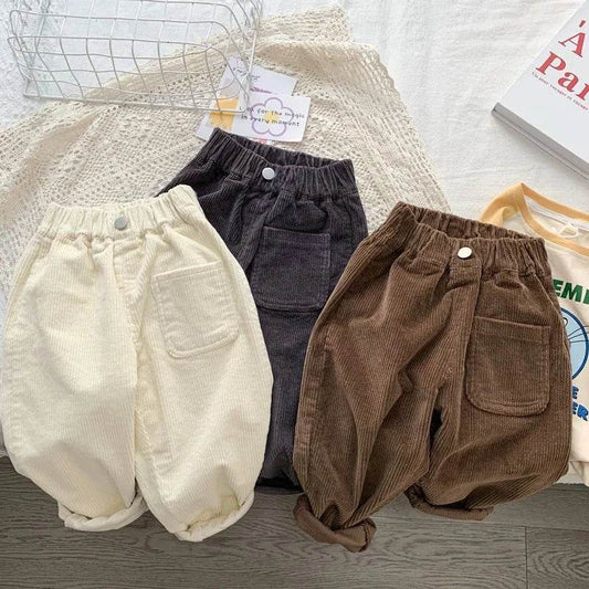 Cozy Corduroy Pants For Unisex Kids With Elastic Waist Loose Fit Autumn Winter Casual Trousers - ToylandEU