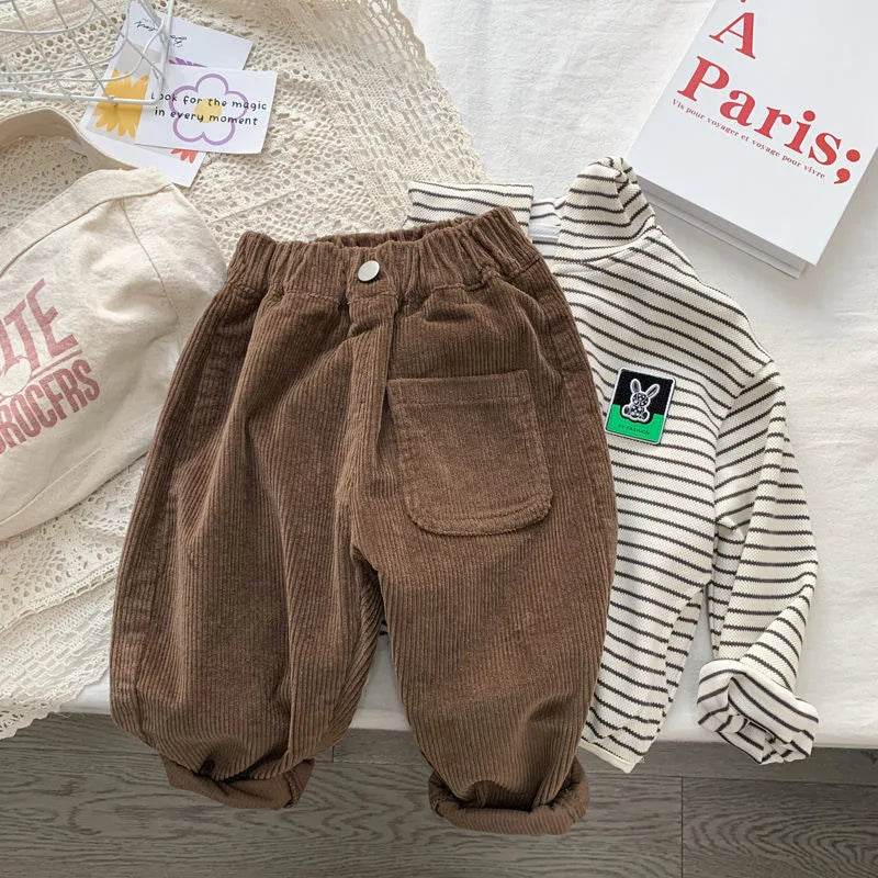 Cozy Corduroy Pants For Unisex Kids With Elastic Waist Loose Fit Autumn Winter Casual Trousers - ToylandEU