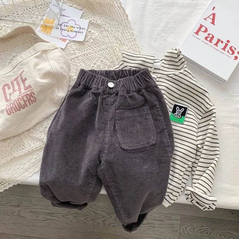 Cozy Corduroy Pants For Unisex Kids With Elastic Waist Loose Fit Autumn Winter Casual Trousers - ToylandEU