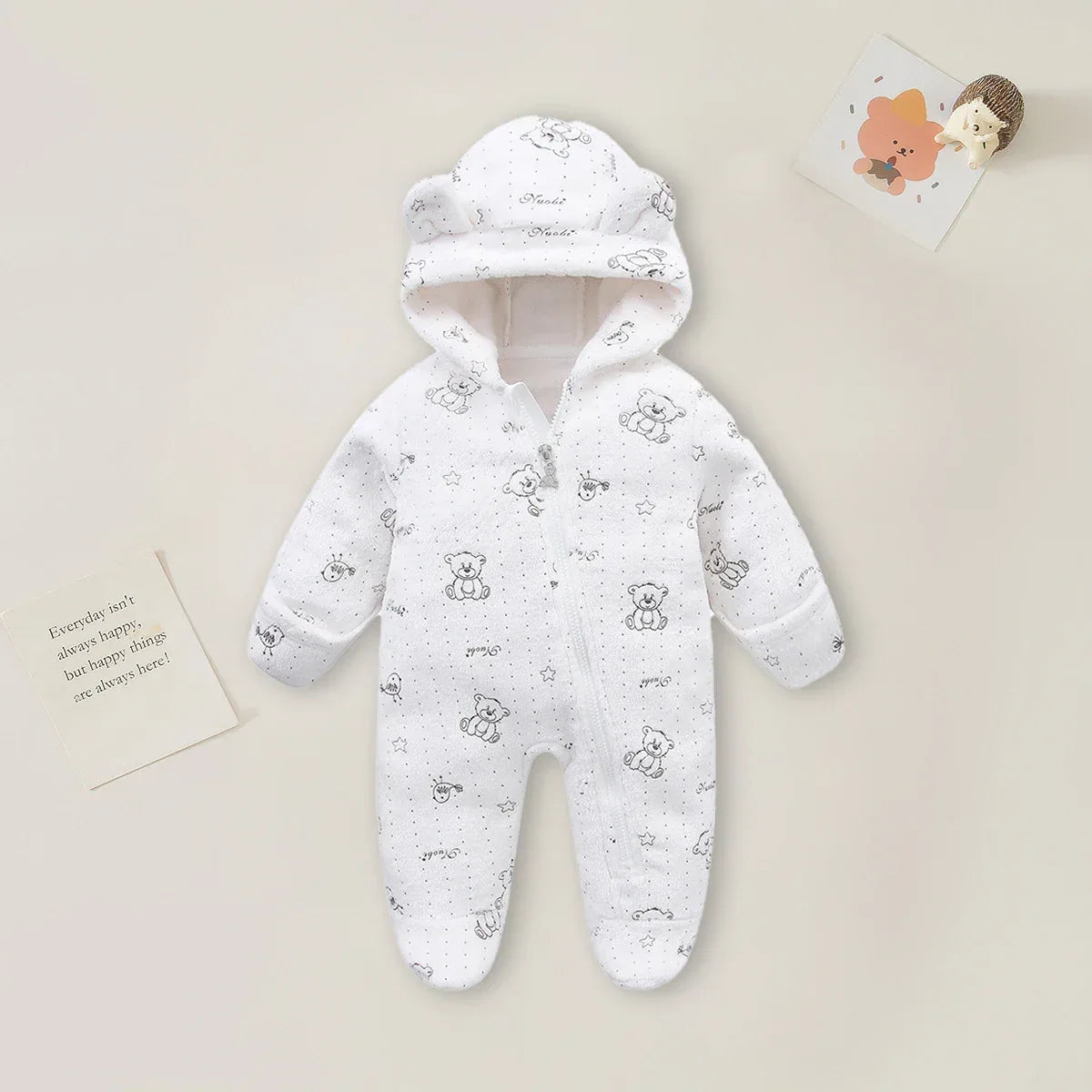 Cozy Hooded Baby Romper 0 To 12M Cartoon Print Cotton - ToylandEU