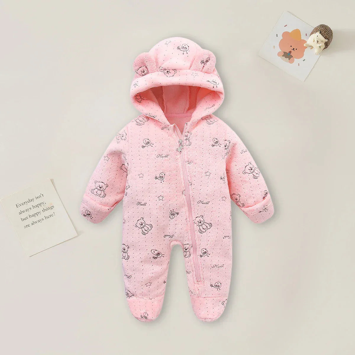 Cozy Hooded Baby Romper 0 To 12M Cartoon Print Cotton - ToylandEU