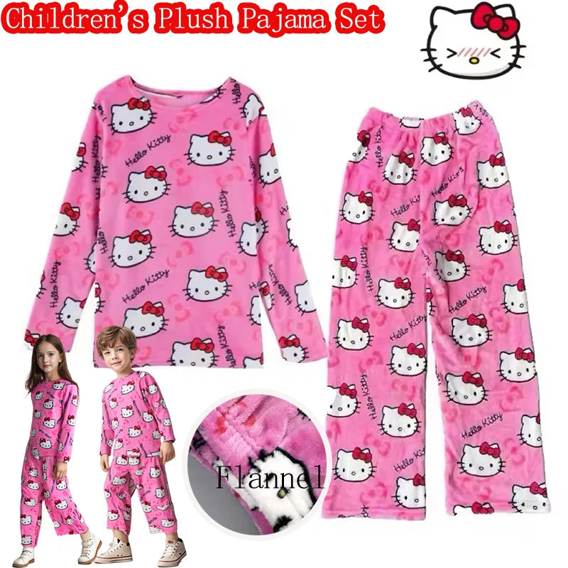 Cozy Kids Pajama Set Flannel Thickened Velvet Hello Kitty Cartoon Print For Winter Home Wear - ToylandEU