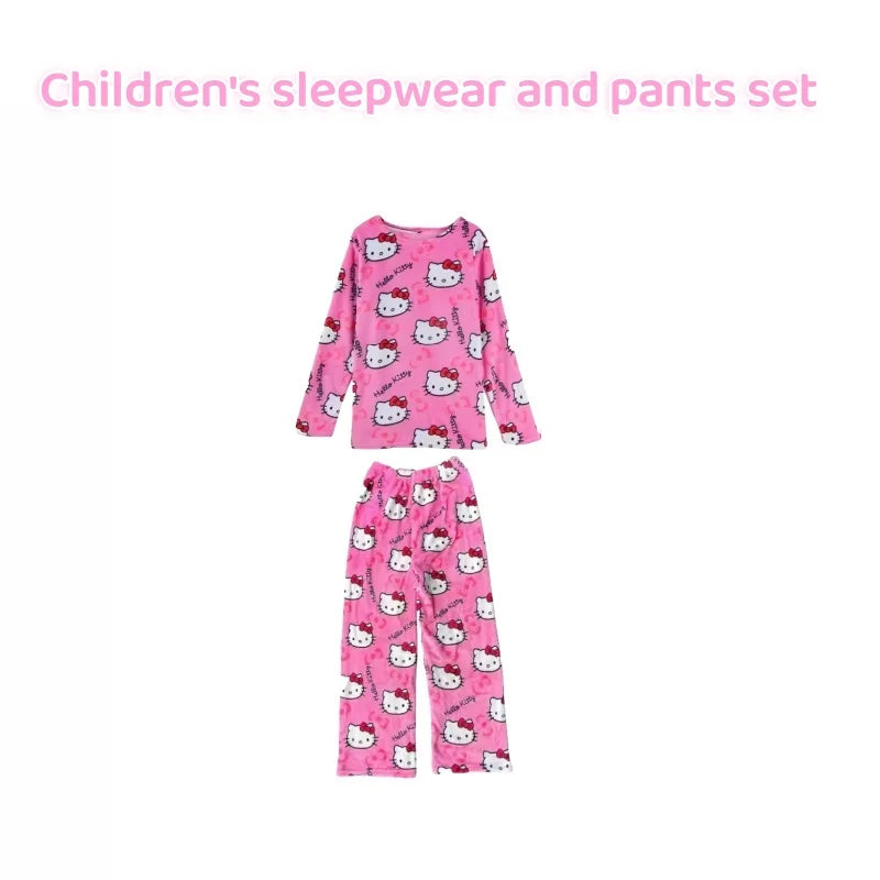 Cozy Kids Pajama Set Flannel Thickened Velvet Hello Kitty Cartoon Print For Winter Home Wear - ToylandEU