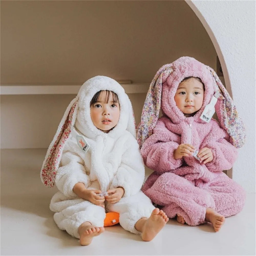 Cozy One Piece Jumpsuit Rabbit Hooded Plush For 1 To 3 Years Unisex Spring Homewear - ToylandEU