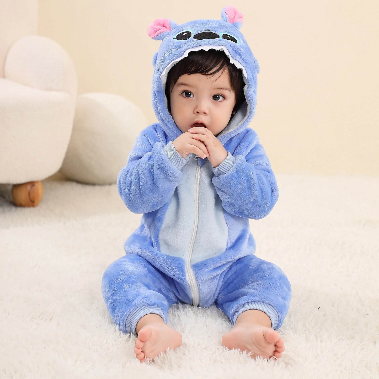 Cozy Plush Stitch Hooded Kigurumi Romper For Babies And Toddlers Unisex Flannel Fabric - ToylandEU