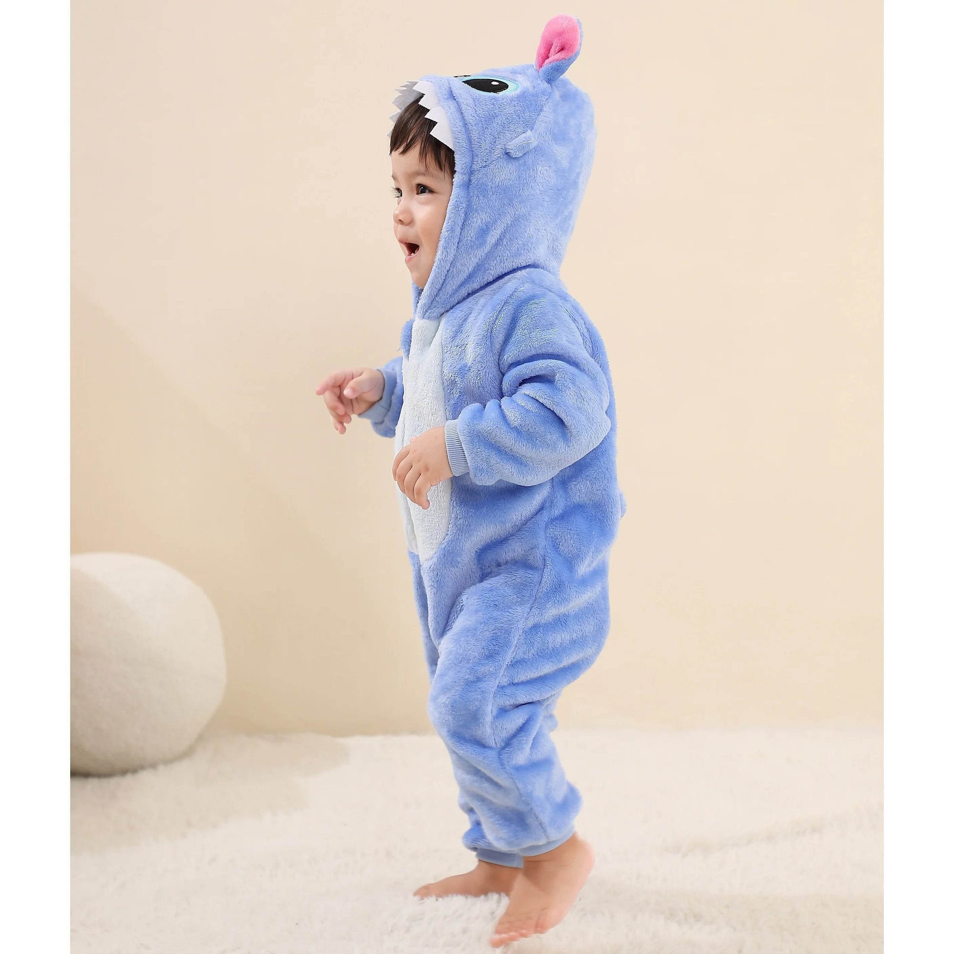Cozy Plush Stitch Hooded Kigurumi Romper For Babies And Toddlers Unisex Flannel Fabric - ToylandEU