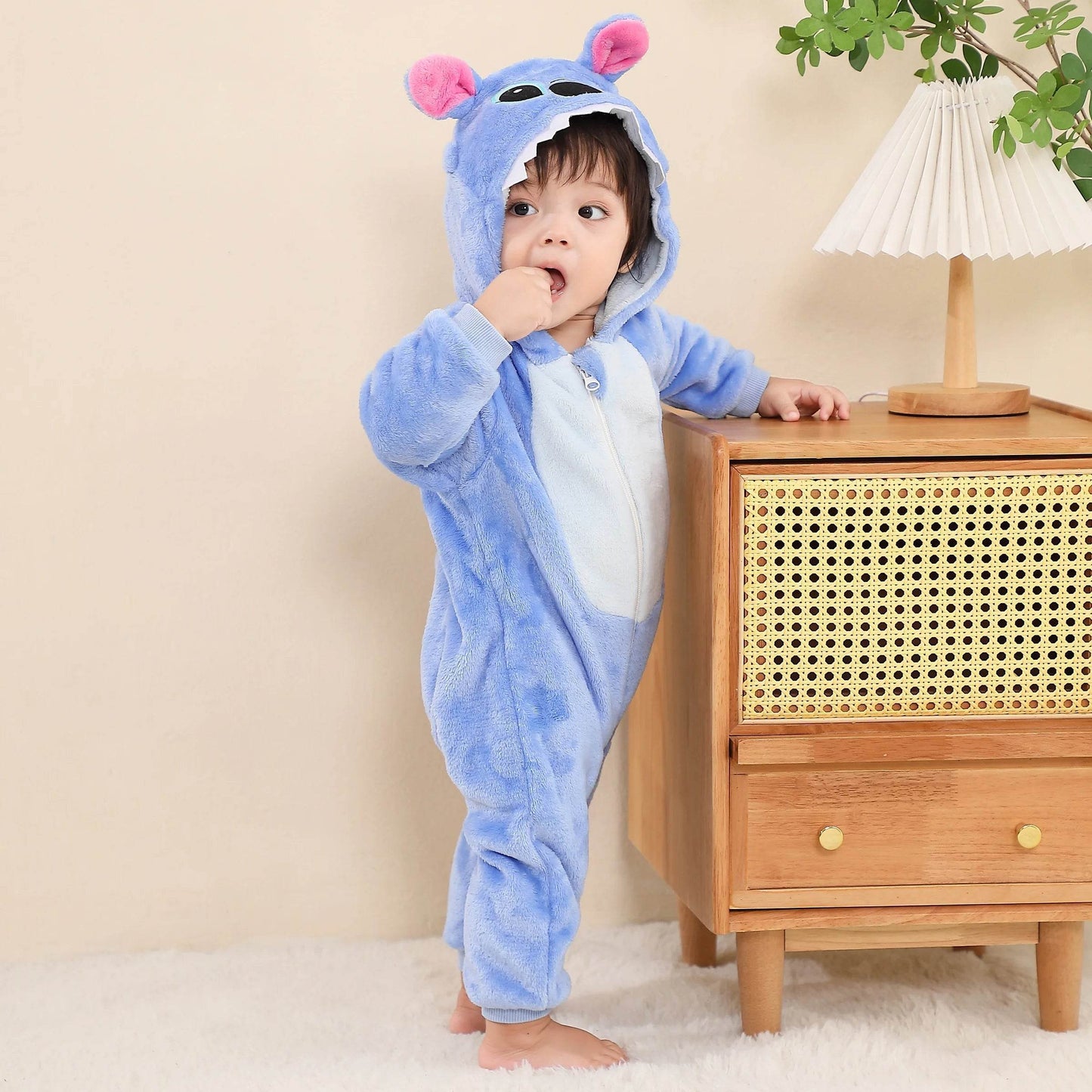 Cozy Plush Stitch Hooded Kigurumi Romper For Babies And Toddlers Unisex Flannel Fabric - ToylandEU
