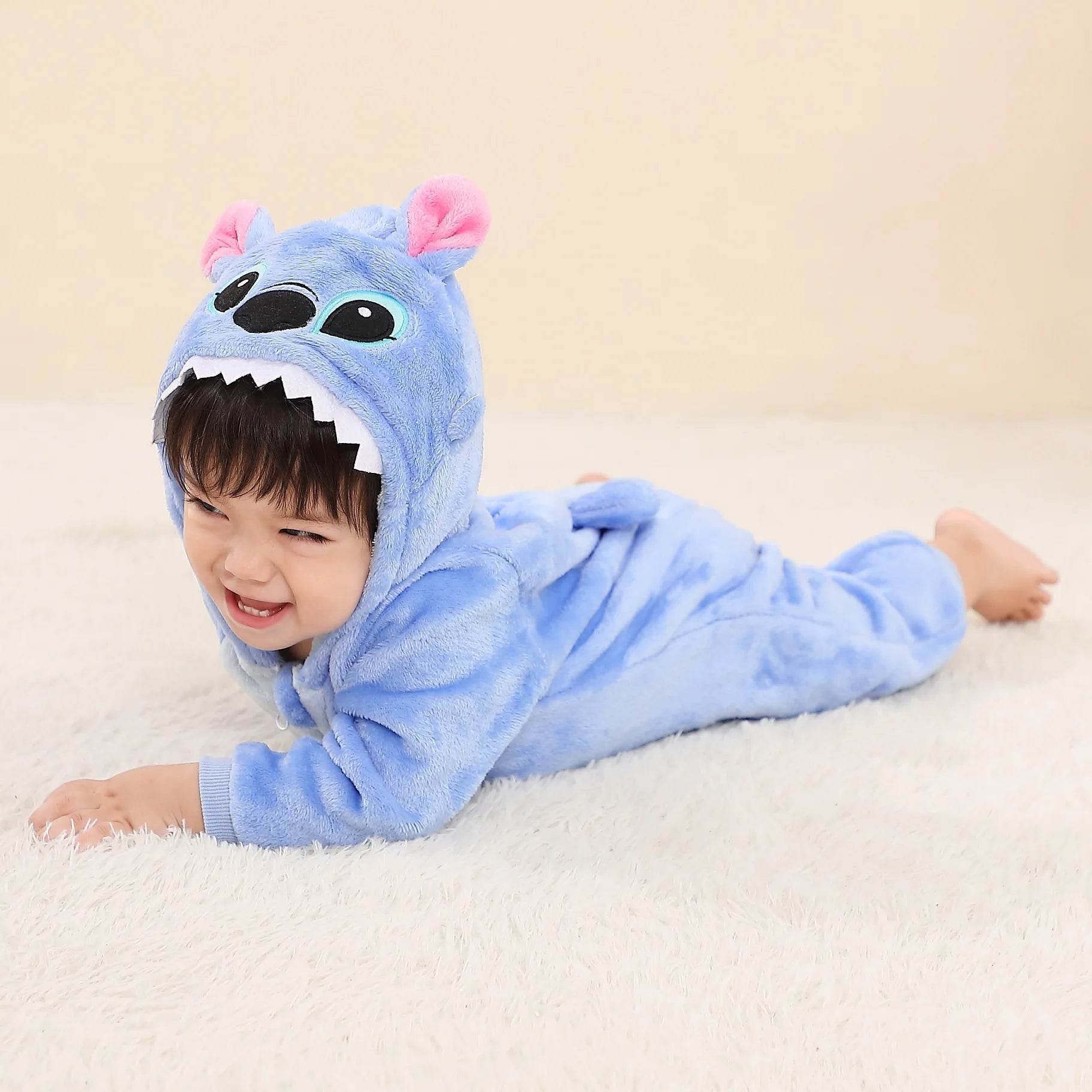 Cozy Plush Stitch Hooded Kigurumi Romper For Babies And Toddlers Unisex Flannel Fabric - ToylandEU