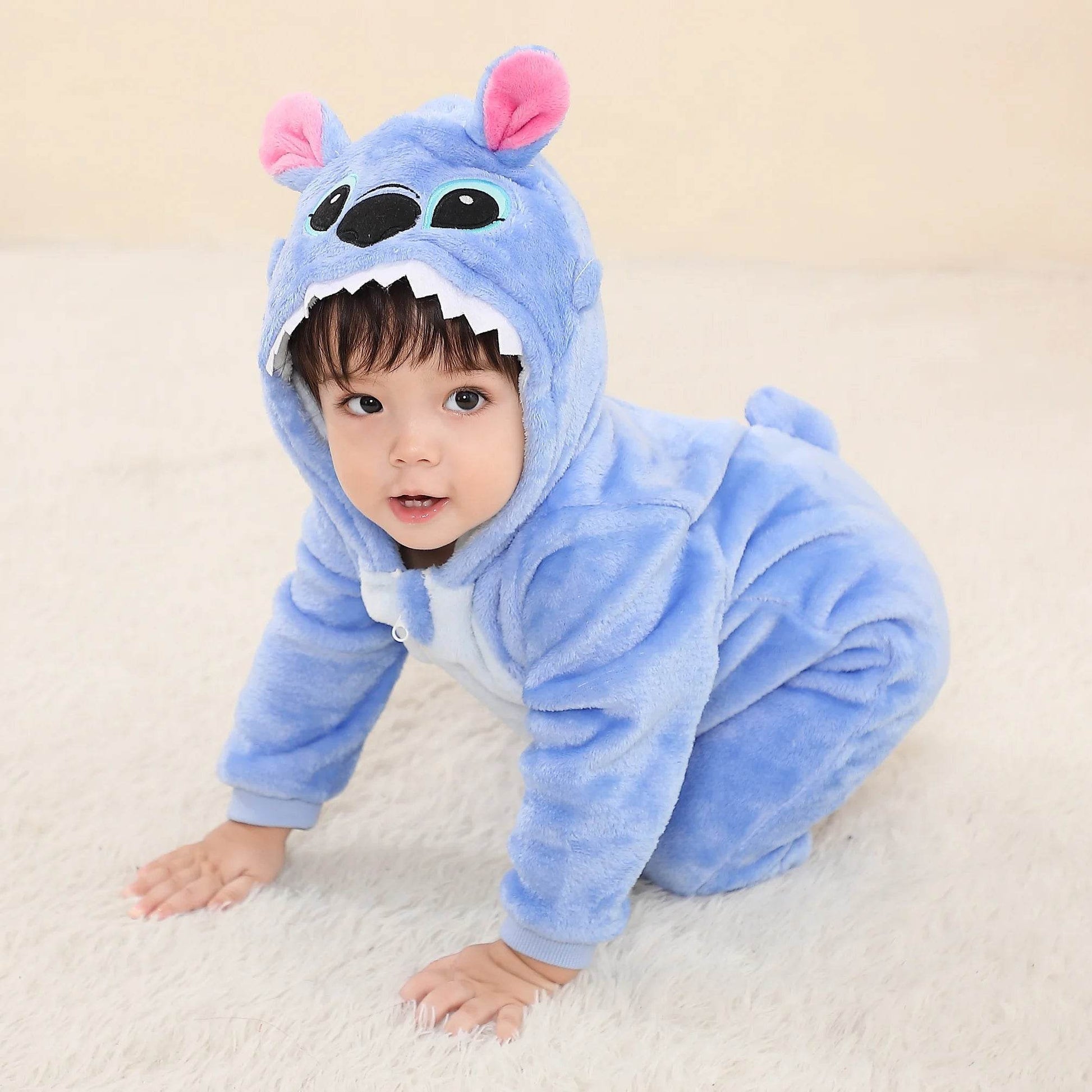 Cozy Plush Stitch Hooded Kigurumi Romper For Babies And Toddlers Unisex Flannel Fabric - ToylandEU