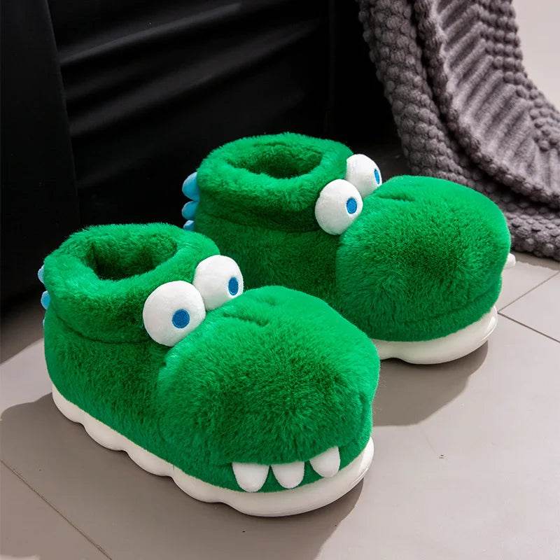 Cozy Winter Indoor Slippers Cartoon Crocodile Design With Thick Sole And Plush Warmth For Couples - ToylandEU