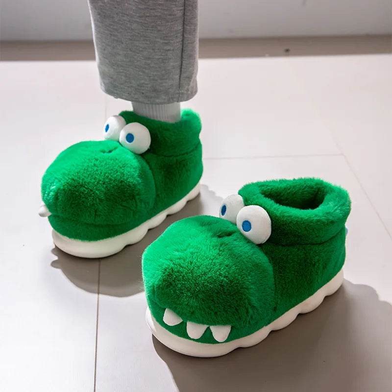 Cozy Winter Indoor Slippers Cartoon Crocodile Design With Thick Sole And Plush Warmth For Couples - ToylandEU