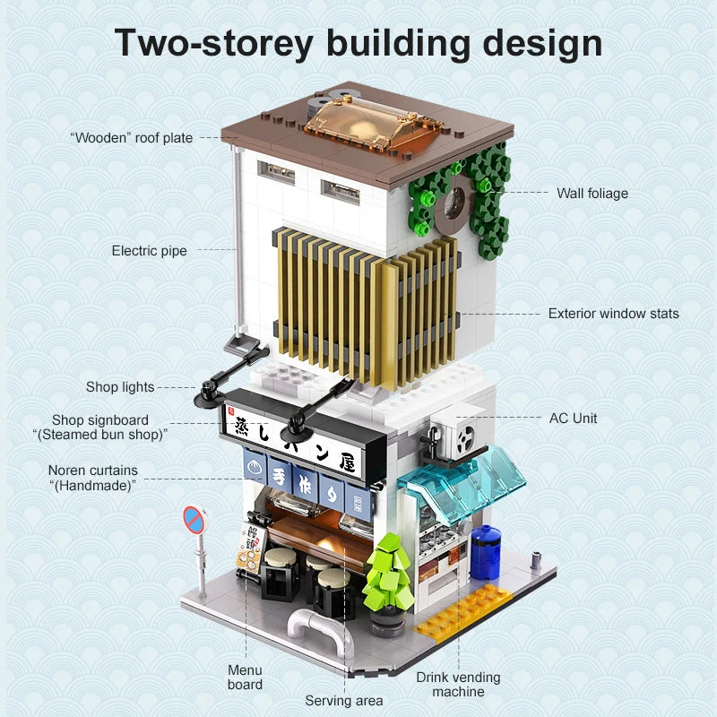 Creative Building Blocks City Street Scene MOC Japanese Steamed Bun House 1108 Pcs For Kids Gift - ToylandEU