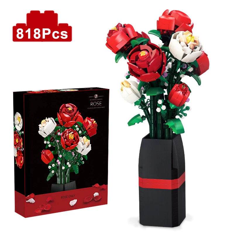 Creative Building Blocks Set Red Rose Vase Romantic Floral Bouquet Valentines Day Gift For Couples - ToylandEU