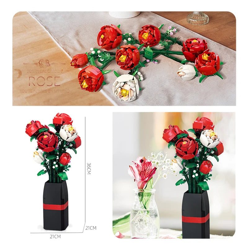 Creative Building Blocks Set Red Rose Vase Romantic Floral Bouquet Valentines Day Gift For Couples - ToylandEU