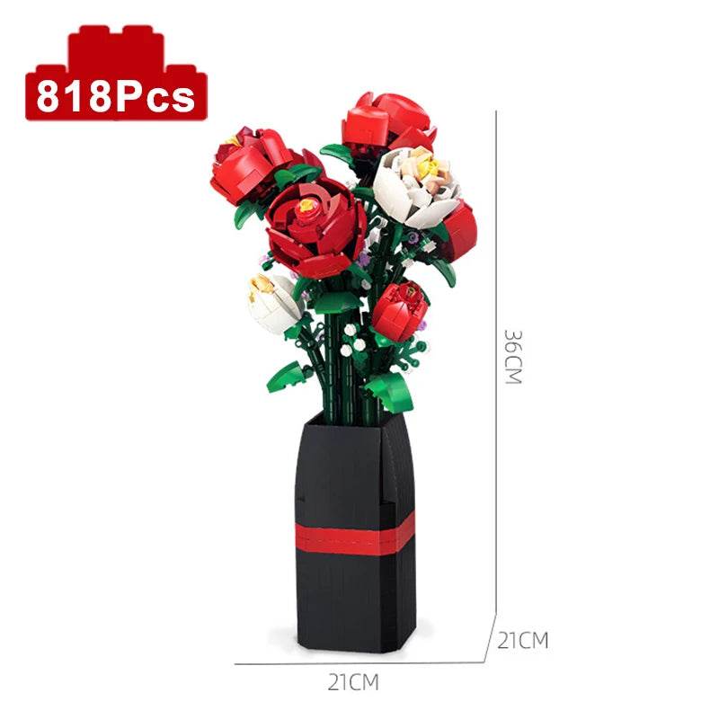 Creative Building Blocks Set Red Rose Vase Romantic Floral Bouquet Valentines Day Gift For Couples - ToylandEU
