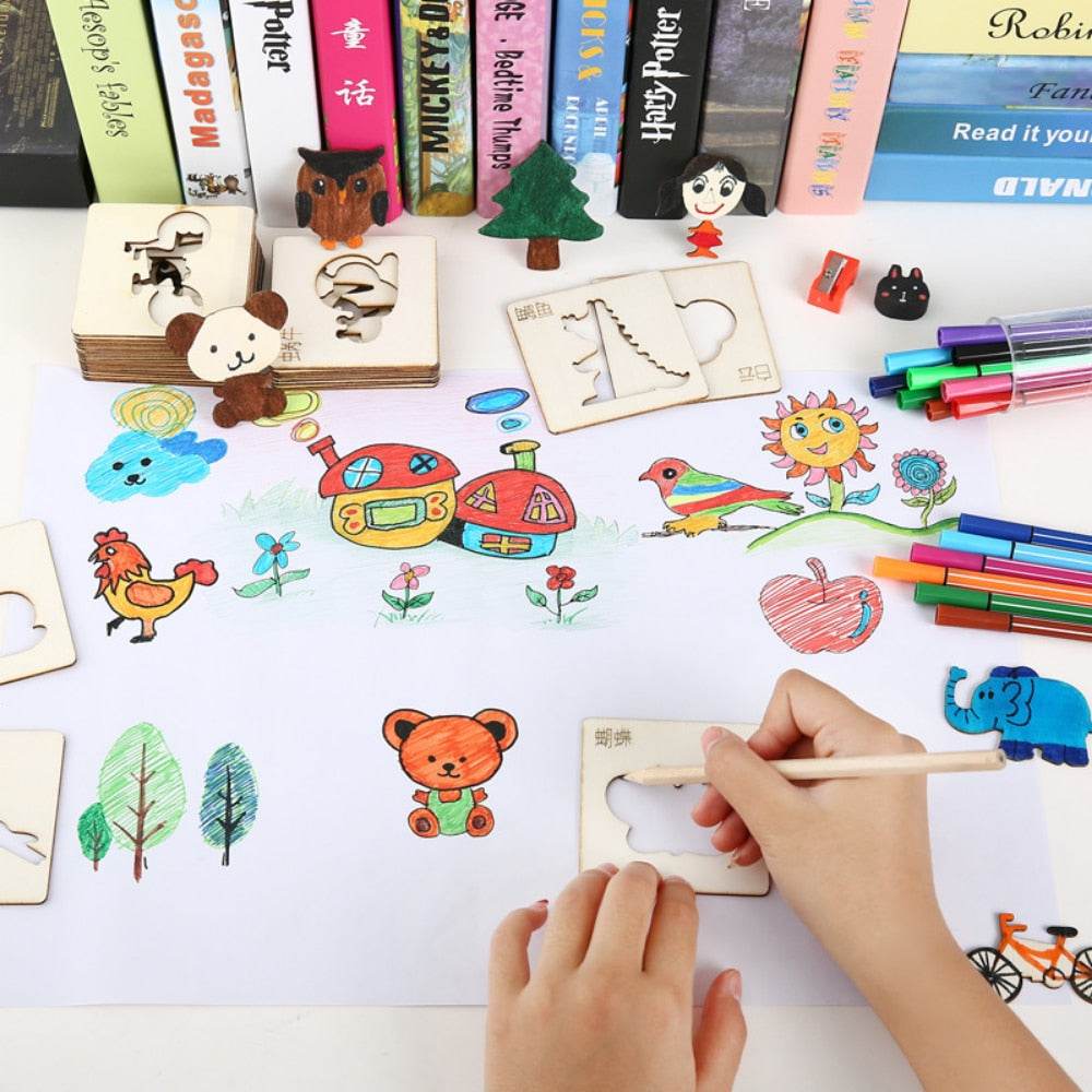 Creative Montessori Wooden Stencil Set for Kids - 20 DIY Art Templates - ToylandEU