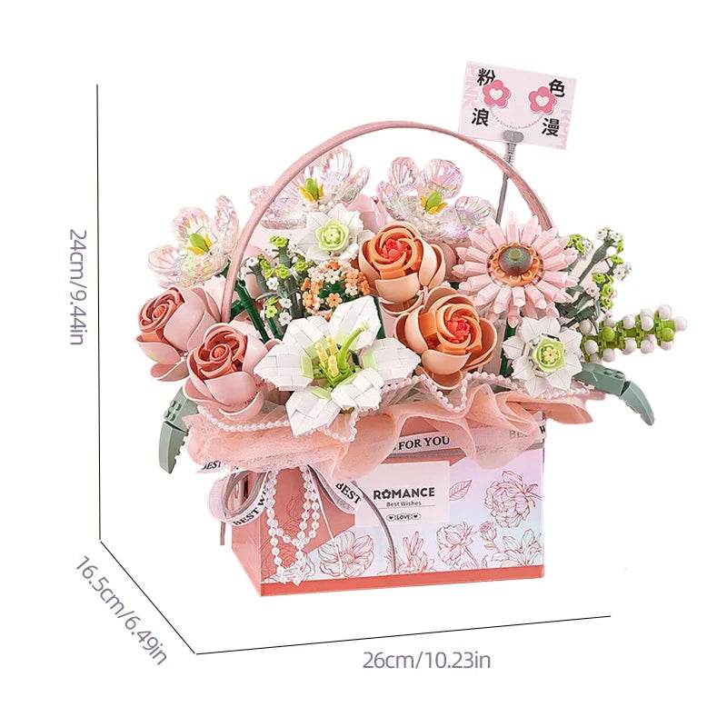 Creative Pink Rose Basket Bouquet Building Blocks Gift Box - ToylandEU