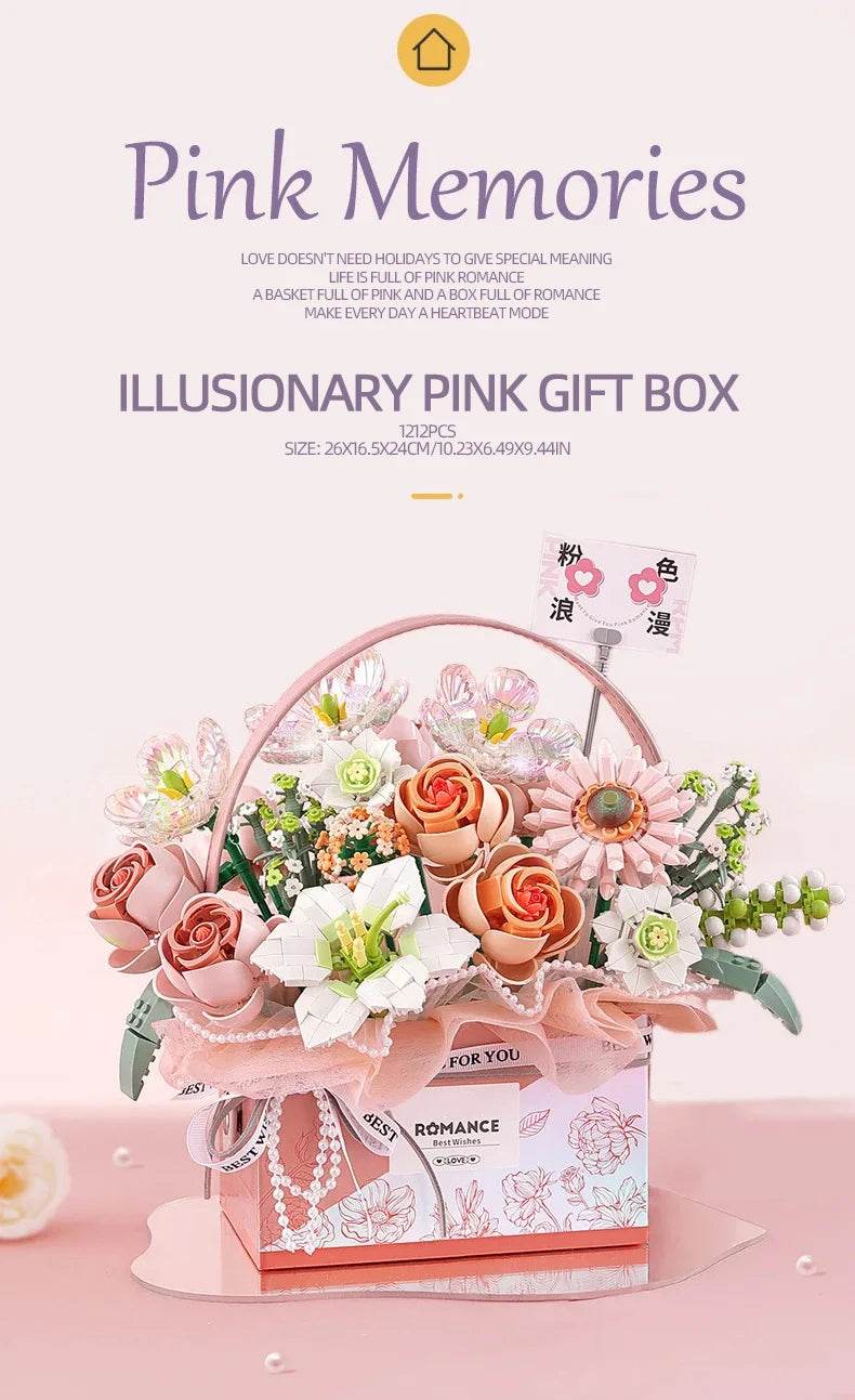 Creative Pink Rose Basket Bouquet Building Blocks Gift Box - ToylandEU