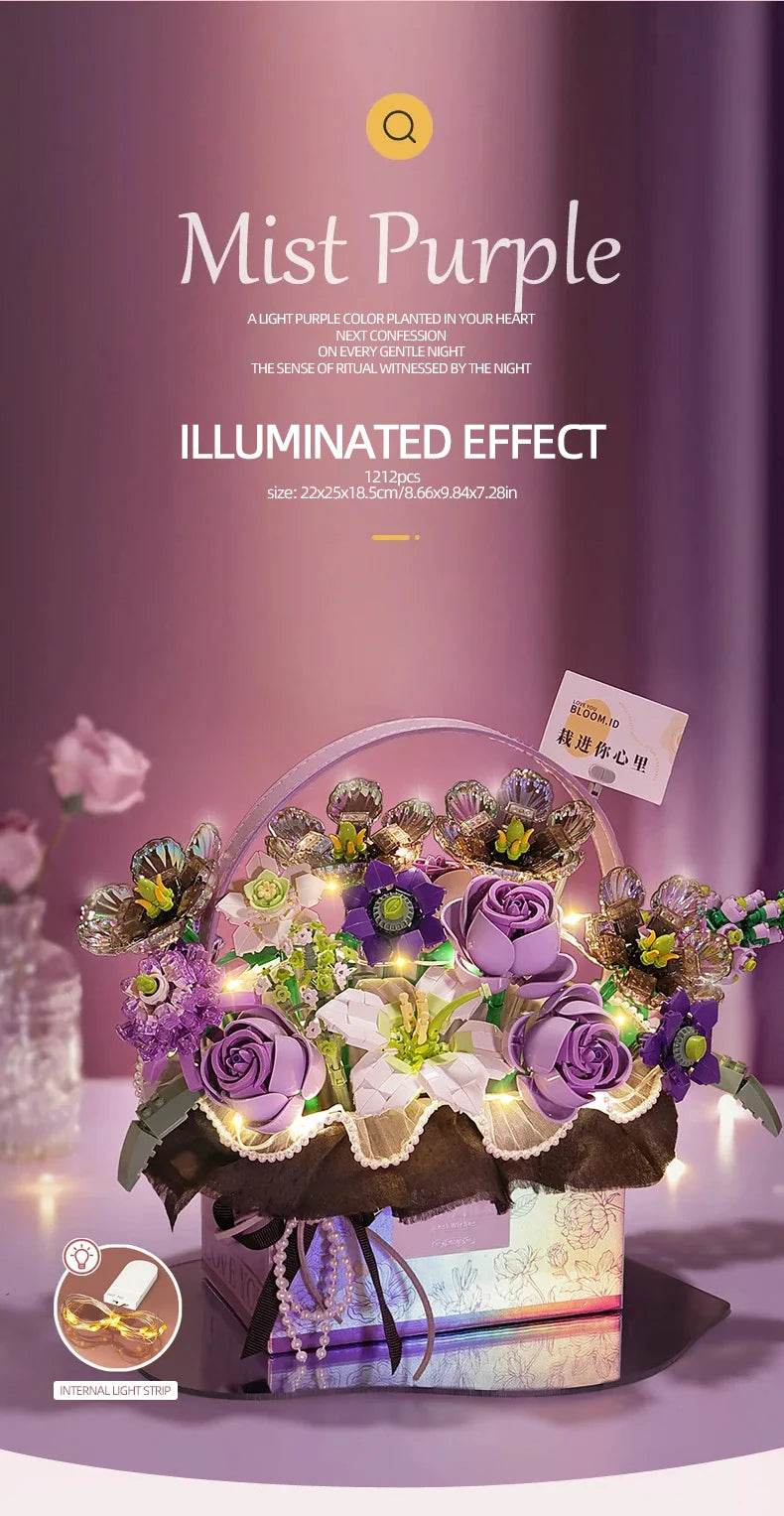 Creative Pink Rose Basket Bouquet Building Blocks Gift Box - ToylandEU