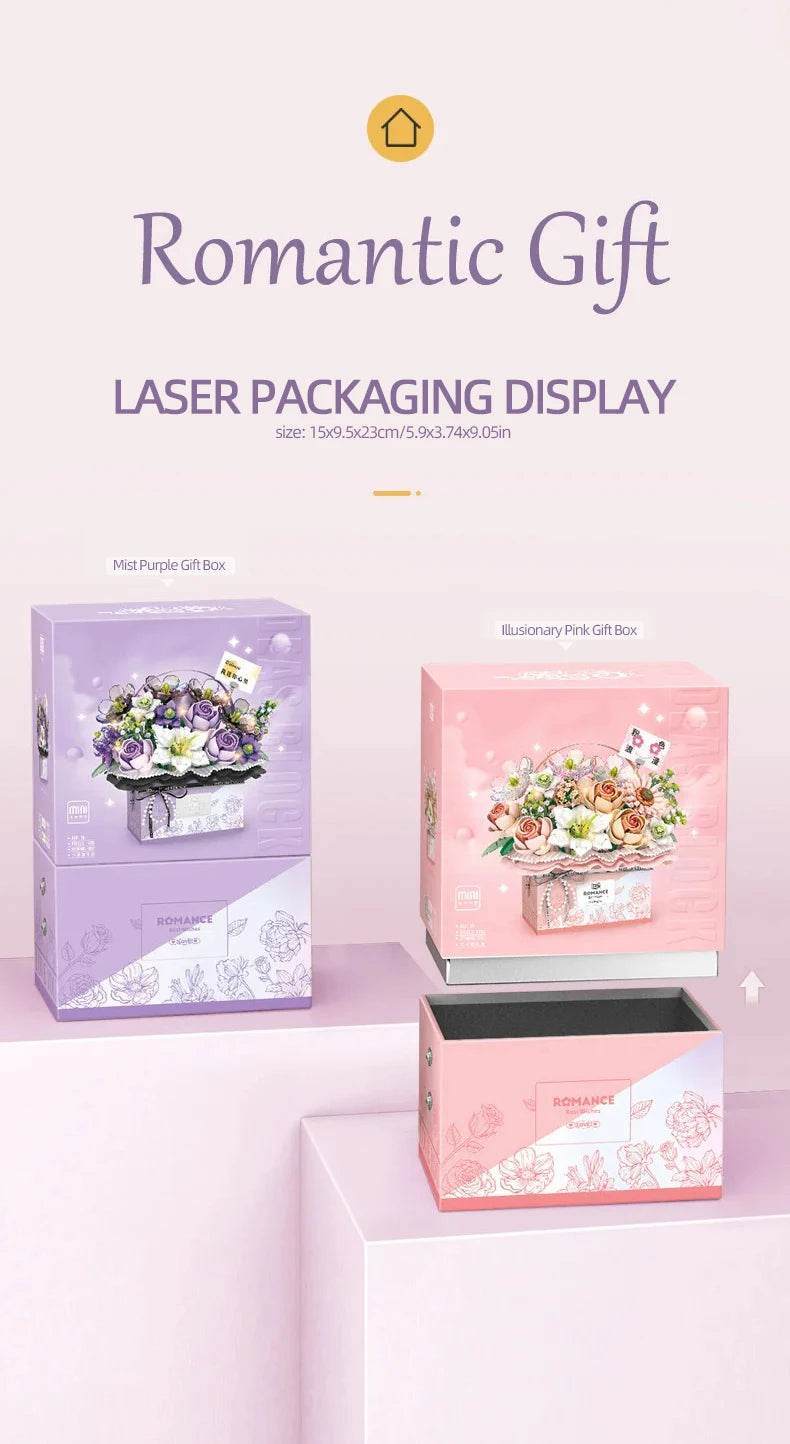 Creative Pink Rose Basket Bouquet Building Blocks Gift Box - ToylandEU