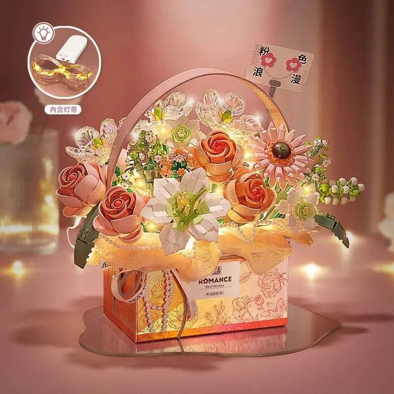 Creative Pink Rose Basket Bouquet Building Blocks Gift Box - ToylandEU